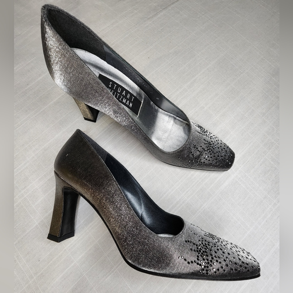 Stuart Weitzman Silver Satin Crystal Pump Size 6
